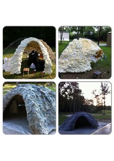 four different views of an outdoor shelter made out of rock and paper mache materials