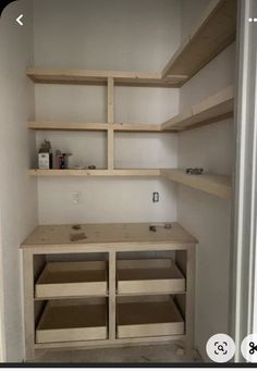 an empty room with shelves and drawers