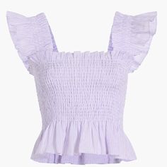 Hill House The Paz Top In Lilac Stripe, Linen, Smocked. Women's Xxl. Bust Is 34" Stretching To 50" Hip Is 50" Stretching To 60" Length Is 19 1/2" From Top Of Shoulder To Hem But Will Fall Just A Bit Longer Once On. Meet The Nap Dress Of Tops - The Paz Nap Top. With A Flattering Peplum Shape And Ruffled Sleeves, This Top Is Super Flattering And Easy To Wear Day Or Night. Based On Our Bestselling Paz Crop Top, We Added More Length To Make This The Perfect Everyday Top. About The Print: Stripes Are Summer Purple Smocked Top With Smocked Bodice, Purple Smocked Top With Smocked Bodice For Summer, Preppy Tops, White And Pink Roses, Hill House, Cute Preppy Outfits, House On A Hill, Pink Linen, Ruffled Sleeve Top