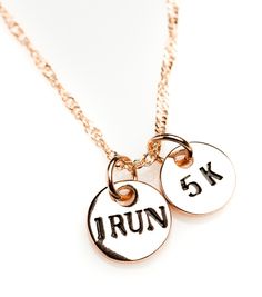 Wear this beautiful reminder of your hard work and determination paired with a celebratory milestone pendant to remember your big race.   We offer FREE shipping! Includes: 18" chain Two 0.5" Diameter Pendants, "I Run", "5k" Lobster Claw Closure Materials:  Copper with IP Sterling Silver Plating Proceeds of our jewelry go to Ricki Jensen, who has NF2, to help fund her medical bills. For more of her story visit her blog: rickinicolejensen.blogspot.com Track Necklaces, Sport Necklaces, Running Necklace, Run 5k, 26.2 Marathon, Gold Nickel-free Dog Tag Necklace, Medical Bills, Medical Billing, Charm Necklace