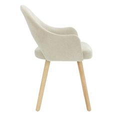 an upholstered chair with wooden legs and a white fabric seat pad on the back