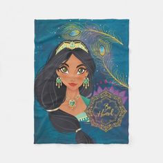 a towel with an image of disney princess poca and peacock feathers on the front