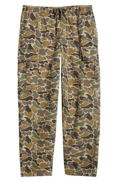 These baggy cargo pants are designed with a slightly tapered leg and styled with utility flap pockets for a signature laid-back look. Elastic/drawstring waist Front slant pockets; coin pocket; cargo flap-patch pockets 100% cotton Machine wash, tumble dry Imported Military Style Brown Pants With Pockets, Brown Military Pants With Pockets, Camouflage Relaxed Fit Straight Leg Cargo Pants, Brown Military Style Pants With Pockets, Military Style Relaxed Fit Cargo Pants, Camouflage Straight Leg Parachute Pants With Cargo Pockets, Baggy Military Cargo Pants With Patch Pockets, Fall Combat Cargo Pants With Pockets, Straight Leg Camouflage Parachute Pants With Cargo Pockets