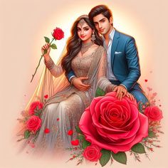 a man and woman sitting next to each other on top of a red rose bouquet