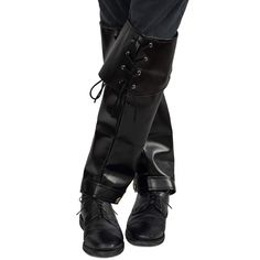 Skeleteen Faux Leather Boot covers is a great costume accessory for Halloween and dress-up. To ensure these boots fit every foot, they are 22" tall and 8" wide, and they have cuffs on top. These boots are ideal for many costumes like a cowboy, cowgirl, medieval or renaissance man, etc. These boot covers fit men, women and kids and can be worn to a costume or dress up themed party. Skeleteen items are made of tested materials that are non-toxic and safe. Knee-high Boots For Cosplay In Fall, Knee-high Halloween Cosplay Boots, Knee-high Boots For Cosplay Halloween, Knee-high Boots For Halloween Cosplay, Leather Boots For Halloween Costume, Halloween Knee-high Leather Boots, Gothic Fitted Faux Leather Boots, Knee-high Leather Boots For Halloween, Fitted Gothic Faux Leather Boots