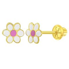 Your little girl will look precious with these adorable baby earrings made of 14k gold which are suitable for sensitive ears. Featuring a cute daisy flower colored with pink and white enamel, leading to a post with safety screw backs for children. These gold flower earrings make a perfect gift for any special occasion such as holidays or birthdays. A complimentary gift box is included for your convenience. White 14k Gold Flower-shaped Earrings, Cute Gold Flower-shaped Earrings, Pink Flower Enamel Earrings, Dainty Pink 14k Gold Earrings, Pink Flower-shaped Enamel Earrings, 14k Gold White Hypoallergenic Earrings, White Hypoallergenic Enamel Earrings, White Flower-shaped Jewelry For Birthdays, Hypoallergenic White Enamel Earrings