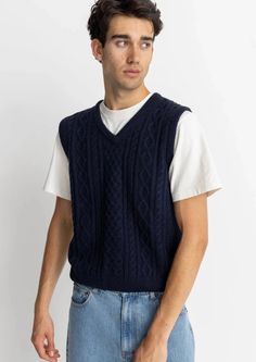 Stitched with the classic cable pattern, the Mohair Knit Vest in Navy provides an extra layer of warmth and style when you need it most. With rib collar and armholes, classic fit will elevate any outfit on land or sea. 47% Acrylic 30% Nylon 15% Wool 8% Mohair Dry clean Wool Vest Outfit Men, Knitted Vest Men, Mohair Vest, Money Outfit, Cable Pattern, Mohair Knit