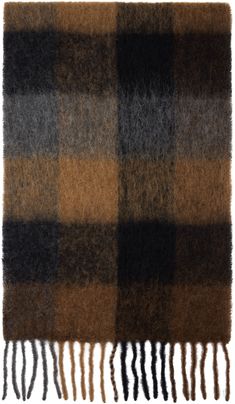 Rectangular brushed plain-woven mohair- and alpaca-blend scarf in brown. · Check pattern throughout · Fringed detailing at edges · L82 x W17 Supplier color: Brown check Brown Scarf, Fringe Bikinis, Greyish Brown, Big Scarf, Brown Scarves, Tassel Scarf, Brown Texture, Blue Check, Check Pattern