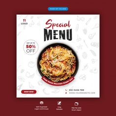 a flyer for a restaurant with spaghetti and sauces on the front, and an image of