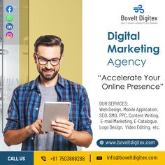 a man holding a tablet in front of a yellow and white background with the words digital marketing agency accelerate your online presence