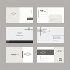 four different business cards with black and white lines on the front, one in grey