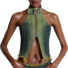 Jaded London Toxic Denim Top ( Green Wash) New With Tags. Size 4 Uk ( 0 Us). London Clothing, Ropa Upcycling, Denim Corset Top, Denim Jorts, Denim Corset, Jaded London, Acid Wash Denim, Sleeveless Bodysuit, Knit Hoodie