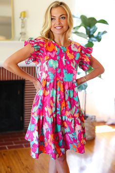 Look of Love Fuchsia Abstract Floral Print Smocked Ruffle Sleeve Dress Look Of Love, Ruffle Sleeve Dress, Abstract Floral Print, Ruffle Sleeves, Active Wear Leggings, Tiered Dress, Sweater And Shorts, Small Bust, Abstract Floral