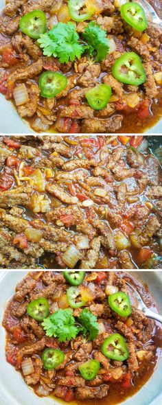 three pictures show the process of making chili beef and jalapenos in a skillet