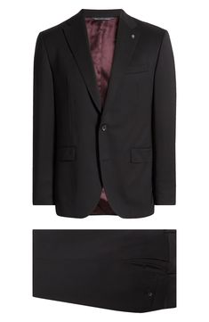 Crisp and classic, this suit tailored from black wool features traditional detailing and makes a versatile, polished addition to any formal wardrobe. Jacket has notched lapels; four-button cuffs; chest pocket; flap pockets; side vents Trousers have zip fly with button-tab closure; slant pockets; back button-welt pockets Jacket is lined; trousers are lined to the knee Unhemmed 100% wool Dry clean Made in Canada Black Double Breasted Suit With Concealed Placket For Business, Classic Three-piece Suit With Concealed Placket, Black Suit With Notch Lapel And Concealed Placket, Black Wool Tuxedo With Welt Pockets, Black Notch Lapel Suit With Concealed Placket, Classic Three-piece Suit With Concealed Placket And Lapel Collar, Black Wool Double Breasted Suit With Pressed Crease, Classic Black Tuxedo With Welt Pockets, Classic Black Double Breasted Suit With Concealed Placket