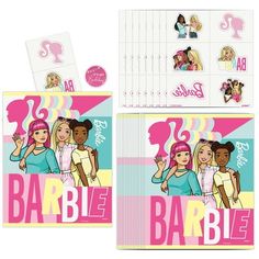 barbie party supplies are shown in this image