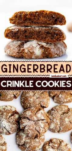 an image of gingerbread crinkle cookies on a white background with text overlay