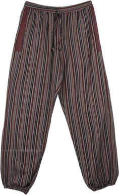 Light and fun elastic bottom breezy harem pants with striped fabric in brown, black, beige and white. It features an elastic waist with a flexible drawstring and two deep side pockets on either side. Great for hot summer days, yard selling, flea market shopping, music concerts to summer festival; these pants are a good fit anywhere. Length: 40", inseam 29" ; Waist: 26"- 36" ; Material: 100% Cotton Casual Striped Pants With Side Pockets, Casual Brown Harem Pants For Loungewear, Casual Striped Cotton Harem Pants, Brown Harem Pants With Pockets For Loungewear, Brown Relaxed Fit Harem Pants For Loungewear, Womens Harem Pants, Goblincore Clothes, Cotton Pants Women, Cotton Harem Pants