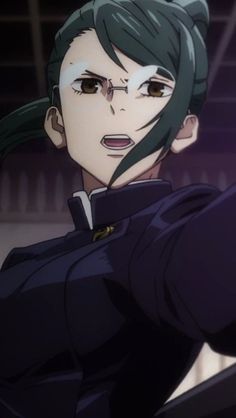 an anime character with green hair pointing to the side while looking at something in front of him