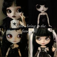 four different pictures of dolls with black hair