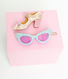 1950s Sunglasses & Heel Hair Pin Set - Unique Vintage - Womens, ACCESSORIES, HAIR Trendy Hair Accessories As Summer Gifts, Trendy Hair Accessories For Summer Gifts, Trendy Pink Hair Accessories For Party, Trendy Summer Hair Accessories For Gifts, Trendy Summer Hair Accessories, 1950s Sunglasses, Cute High Heels, Rhinestone Embellishments, Hair Pin