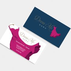 two business cards with the name dress me club on them, and an image of a woman's dress