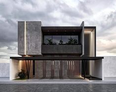 an architecturally designed house with concrete walls and doors, surrounded by dark clouds in the background