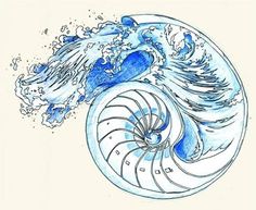 a drawing of an ocean wave with blue water splashing on it's side