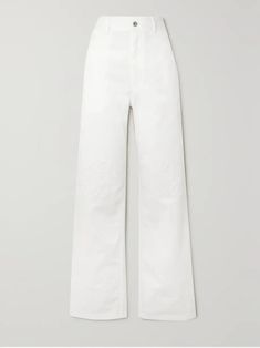 LOEWE + Paula's Ibiza leather-trimmed embroidered high-rise wide-leg jeans | NET-A-PORTER Luxury White Straight Leg Bottoms, Luxury Cotton Pants, Luxury White Wide-leg Bottoms, Luxury White Wide Leg Bottoms, Designer Fitted White Bottoms, White Elegant Embroidered Pants, Luxury White Pants For Spring, Elegant White Embroidered Bottoms, Elegant Embroidered Cotton Pants