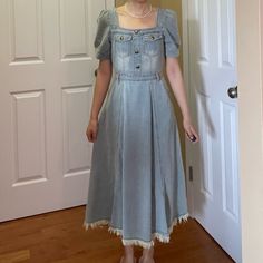 Vintage Blue Denim French Dress, Very Good Quality, Soft And Comfortable New Without Tag, Just Washed Size S, Imported Blue Washed Midi Denim Dress, Blue Washed Denim Midi Dress, Blue Washed Midi Length Denim Dress, Vintage Light Wash Dresses For Spring, Light Wash Vintage Dresses For Spring, Vintage Light Wash Denim Dress, Light Blue Fitted Midi Denim Dress, Light Blue Midi Denim Dress For Spring, French Dress