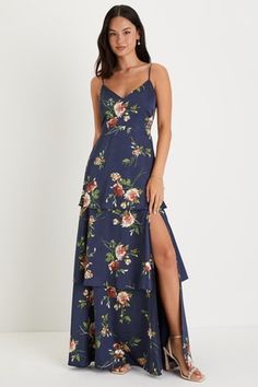 Lovely Navy Blue Dress - Tiered Maxi Dress - Floral Print Dress - Lulus Chiffon Maxi Dress With Floral Print For Gala, Dark Blue Floral Dress, Prom Dress Websites, Dress Sites, Dress Websites, Trendy Prom Dresses, Lulu Fashion, Bridal Party Dresses, Prom Dresses Online