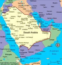 a map of the middle east showing the location of saudi and its major cities in red