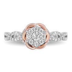 a rose shaped diamond ring with two rows of diamonds on the band and one row of round