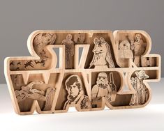 a wooden star wars sign is shown with various characters