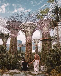 a man and woman holding hands in front of some trees at gardens by the bay