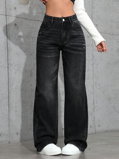 Women's Casual Distressed Straight-Leg Denim Jeans Black Casual   Denim Plain Straight Leg Non-Stretch  Women Clothing, size features are:Bust: ,Length: ,Sleeve Length: Lightning Mcqueen Costume, Black High Rise Jeans, Jeans Noir, Straight Leg Jeans Black, Shein Jeans, Black Jeans Women, Jeans Casual, Black High Waist, Pantalon Large