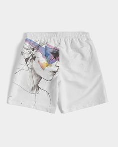 "Get ready to make a splash with these unique Abstract Lady Swim Trunks by Frances Pierre-Giroux. Featuring a playful abstract design, these swim trunks are sure to turn heads. Stay stylish and comfortable at the beach or pool with these must-have men's swim trunks. (Fun in the sun never looked so good!)" About The Art Product Details Head to the beach in our classic fit Men's Swim Trunks made with comfort in mind. With an adjustable drawstring waistband, its smooth and durable materials made with UPF 50+ gives you premium UV protection. Soft, lightweight fabric Drawstring waistband UPF 50+ Built-in mesh brief Two side, one back slip pocket Printed, cut, and handmade Size & Fit Runs true to size Inseam 7" Measurements vary, +/- 0.5" per size Model is 6'2" wearing size Large Material & Care White Surfing Shorts For Summer, White Short Swimwear For Surfing, Beachwear Swim Trunks With Graphic Print, Graphic Print Swim Trunks For Summer, Summer Graphic Print Swim Trunks, Casual White Swimwear For Surfing, White Swim Trunks For Surfing, White Summer Swim Trunks For Surfing, White Swim Trunks For Beach Season