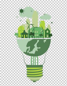 an electric light bulb with green houses and trees inside it, on a transparent background