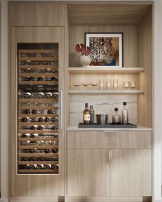 a kitchen with wooden cabinets and wine racks