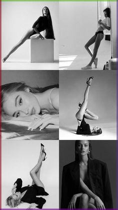 black and white photo collage with woman in various poses, from top to bottom