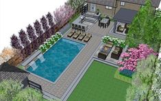 this is an artist's rendering of a backyard with a pool and hot tub