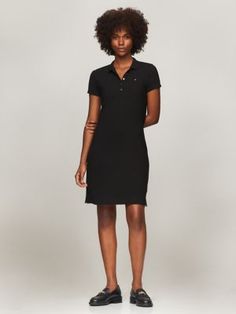 Slim Fit Stretch Cotton Polo Dress Fitted Solid Polo Dress For Spring, Stretch Cotton Midi Dress For Work, Spring Stretch Shirt Dress, Spring Daywear Polo Dress, Elegant Polo Dress For Daywear, Fitted Solid Color Cotton Shirt Dress, Fitted Cotton Solid Color Shirt Dress, Fitted Cotton Solid Shirt Dress, Casual Polo Dress For Work