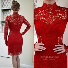 Red wedding dress with illusion aspects, long sleeves and turtle neckline in couture Brussels lace. The dress is made in a couture European atelier!  #reddress #shortdress #couturedress #lacedress #st.valentine Red Fitted Dress For Ceremony, Elegant Red Ceremony Dresses, Red Fitted Lace Dress With Scalloped Edges, Red Fitted Lace Dress With Scalloped Lace, Elegant Red Evening Dress For Wedding Guest, Fitted Red Lace Dress Elegant Style, Elegant Red Fitted Lace Dress, Red Scalloped Lace Dress, Red Fitted Evening Dress For Wedding Guest