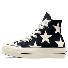 (WMNS) Converse Chuck Taylor All Star Lift Platform Large Stars High 'Black White' A09903C High-top Star-embellished Sneakers For Streetwear, Star Print Round Toe Sneakers For Streetwear, High-top Star Print Sneakers For Streetwear, Casual Black Sneakers With Star Print, Converse Wishlist, Funky Converse, Patchwork Converse, Converse Platforms, Chuck Taylor Black