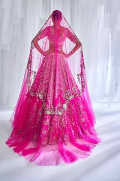 Dolly J | Cynthia Fuchsia Bridal Lehenga Set | INDIASPOPUP.COM Silk Bridal Lehenga, Dolly J, Blouse Yoke, Lehenga Dupatta, Tulle Veil, Tulle Veils, Silk Tulle, Embellished Blouse, Intricate Embroidery