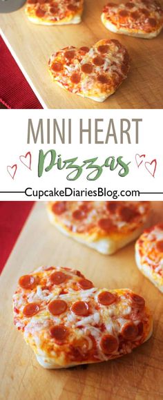 mini heart pizzas with cheese and pepperoni are on a wooden cutting board next to the