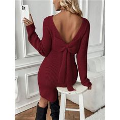 Introducing The Frenchy Bow Detail Backless Sweater Dress In Sleek Burgundy. This Dress Features A Chic Round Neckline And Long Sleeves, Combining Elegance With A Playful Twist. The Standout Backless Design, Adorned With A Charming Bow, Adds A Touch Of Sophistication And Allure. Crafted From Waffle Knit Fabric With Slight Stretch, It Ensures A Comfortable Fit While Maintaining A Structured Shape. The Natural Waistline And Pencil-Shaped Hem Enhance The Dress's Flattering Mini Silhouette. Non-Shee Backless Sweater Dress, Sweater Over Dress, Backless Sweater, Red Sweater Dress, Sequin Cardigan, Tie Front Cardigan, Backless Design, Red Sweater, Poncho Sweater