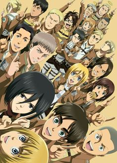 an anime poster with many people and one is pointing to the side while another person holds his hand up