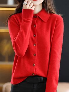 Casual Loose Long Sleeves Buttoned Solid Color Lapel Collar Cardigan Tops Cardigan Y2k, Look Casual Chic, Lapel Coat, Pullover Mode, Solid Color Sweater, Knitting Women Cardigan, Merino Wool Cardigan, Spring Sweater, Collar Cardigan