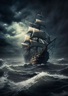 an old sailing ship in the middle of a stormy sea with dark clouds above it